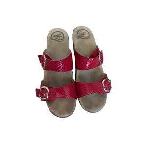 Dansko Red Snake Print Leather Sophie Sandals Double Strap Platform Wedge US 9